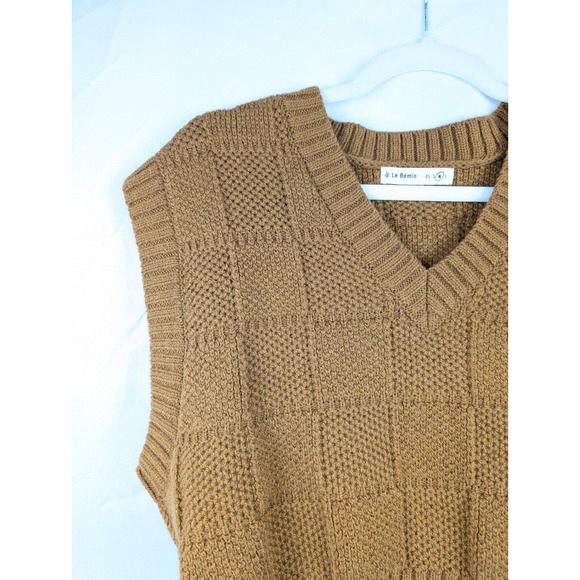 Hand Knit Checkerboard Textured V Neck Sweater Vest Brown M Wool Cottagecore Y2K - Picture 3 of 10